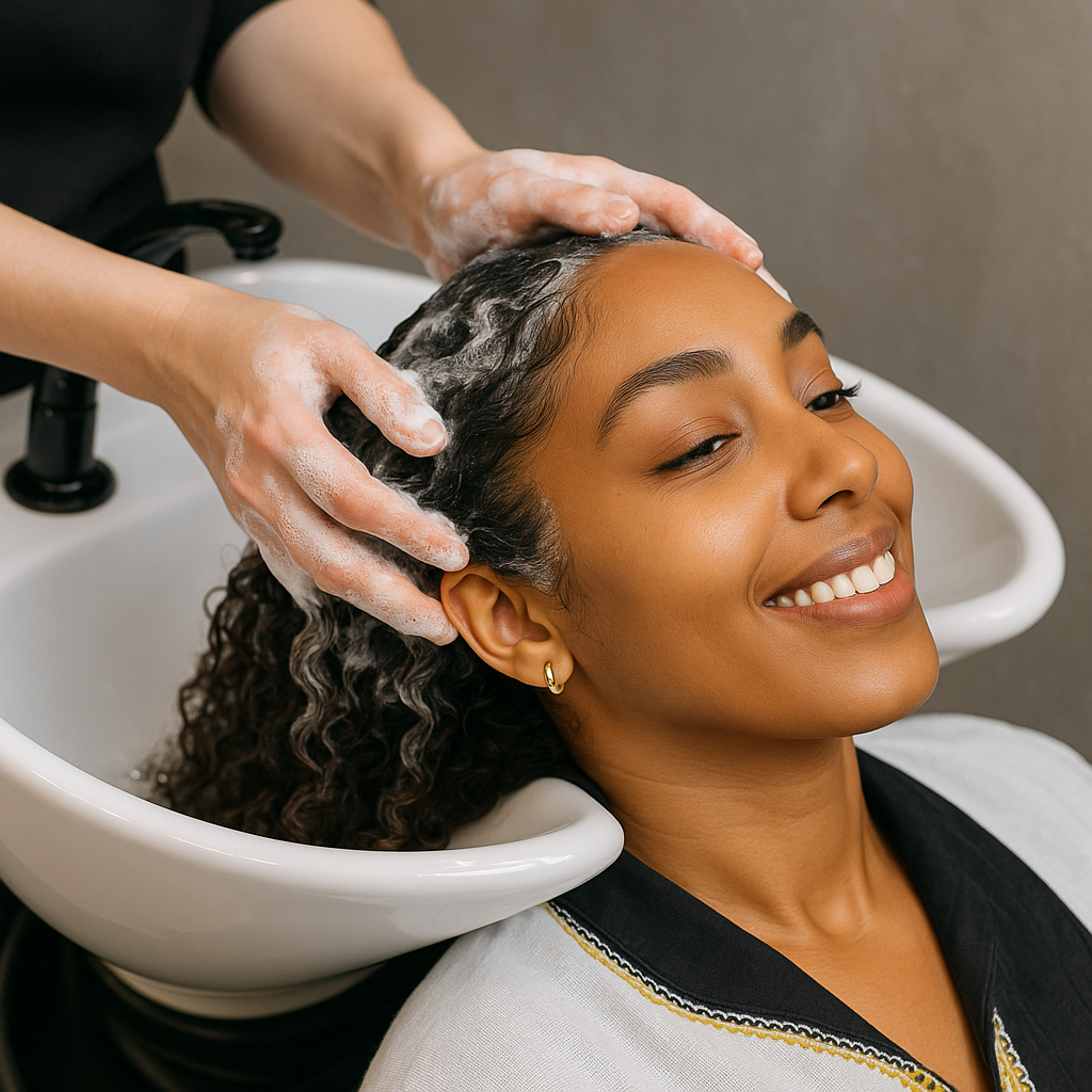 Hair treatment and wash at salon basin