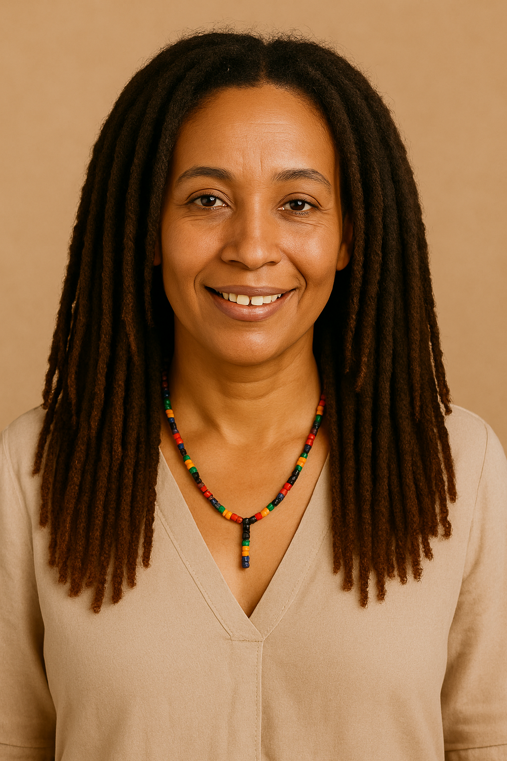Woman with vibrant dreadlocks and warm smile