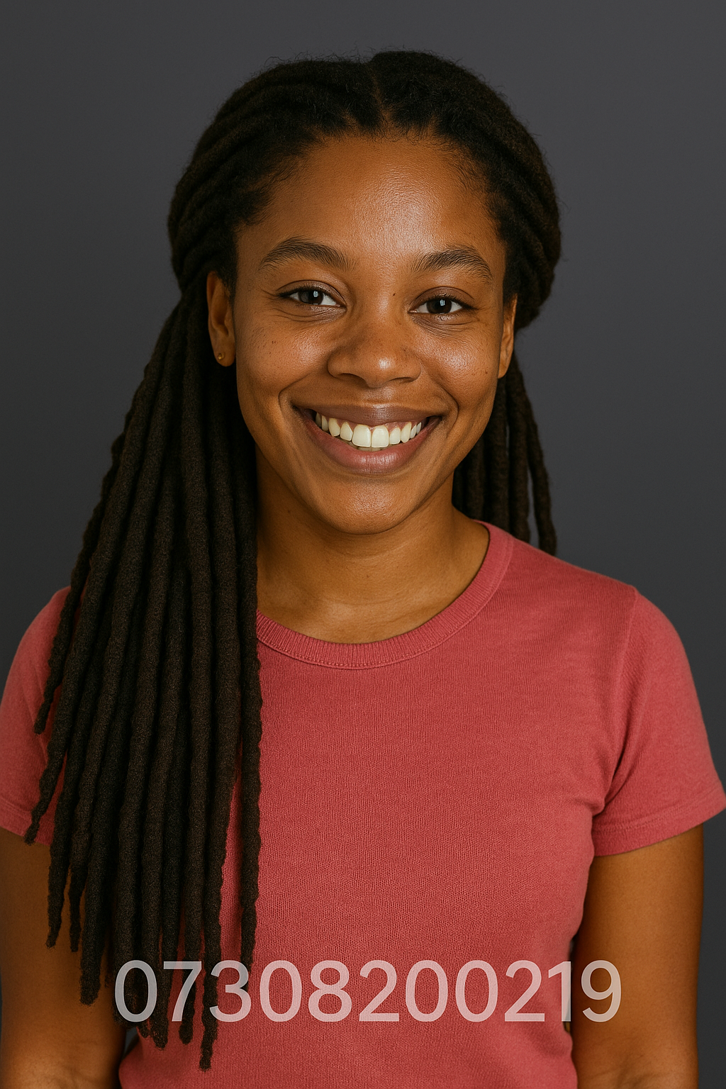 Radiant portrait with dreadlocks and coral shirt